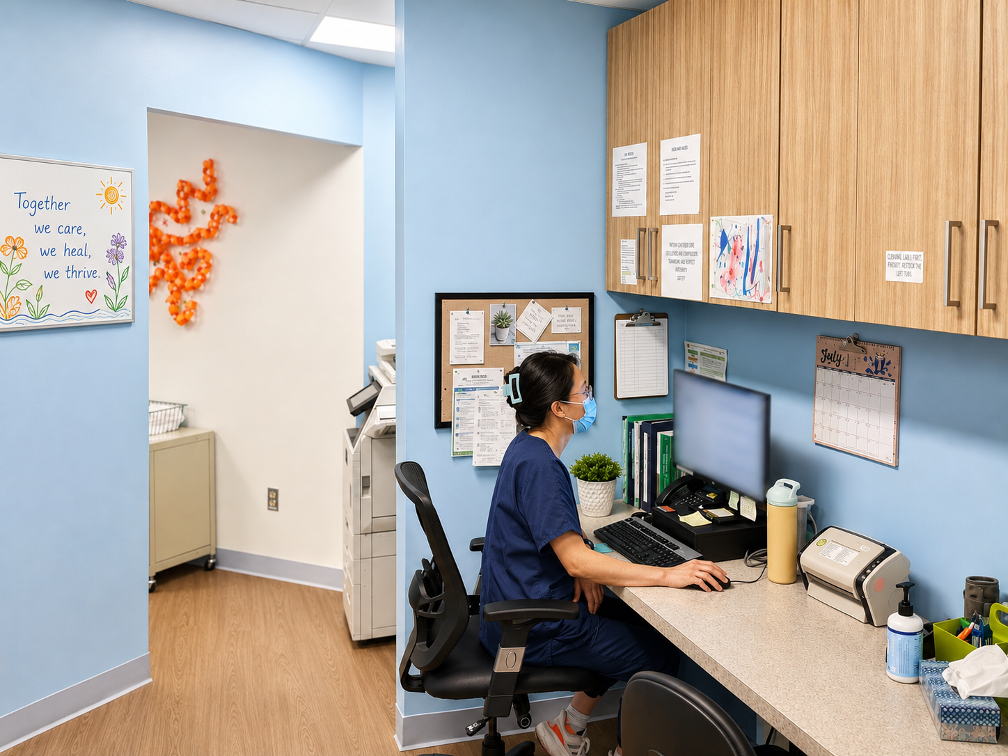 Person working at a computer in a light blue office cubicle with wooden cabinets and wall notes.