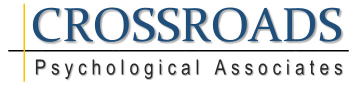 Crossroads Psychological Associates logo with navy and gold text and a thin cross graphic