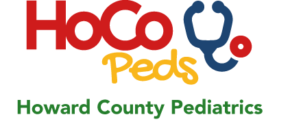 Howard County Pediatrics logo with red, blue and yellow text and a stethoscope icon
