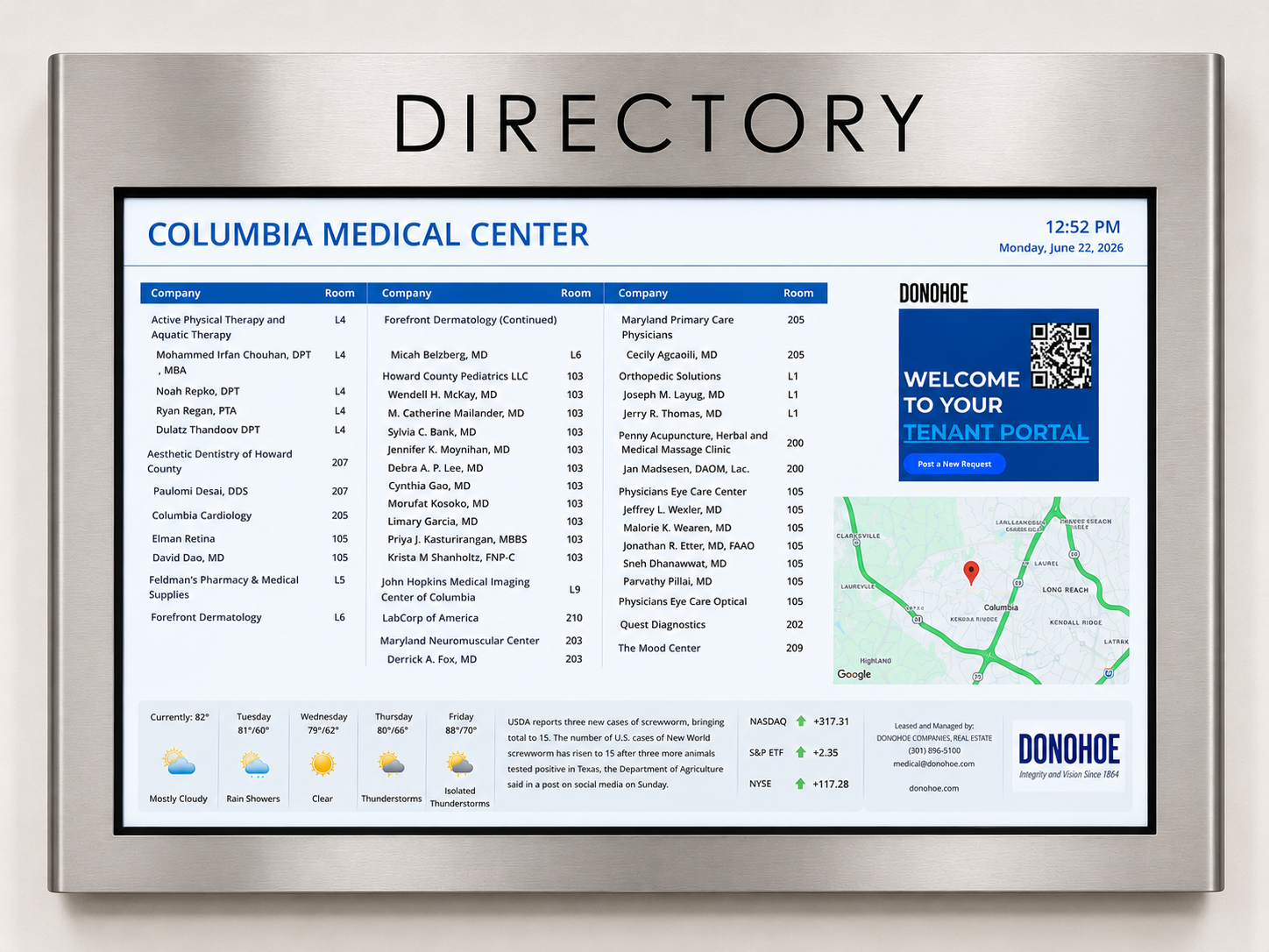 Directory sign for Columbia Medical Center with a hospital map and department listings