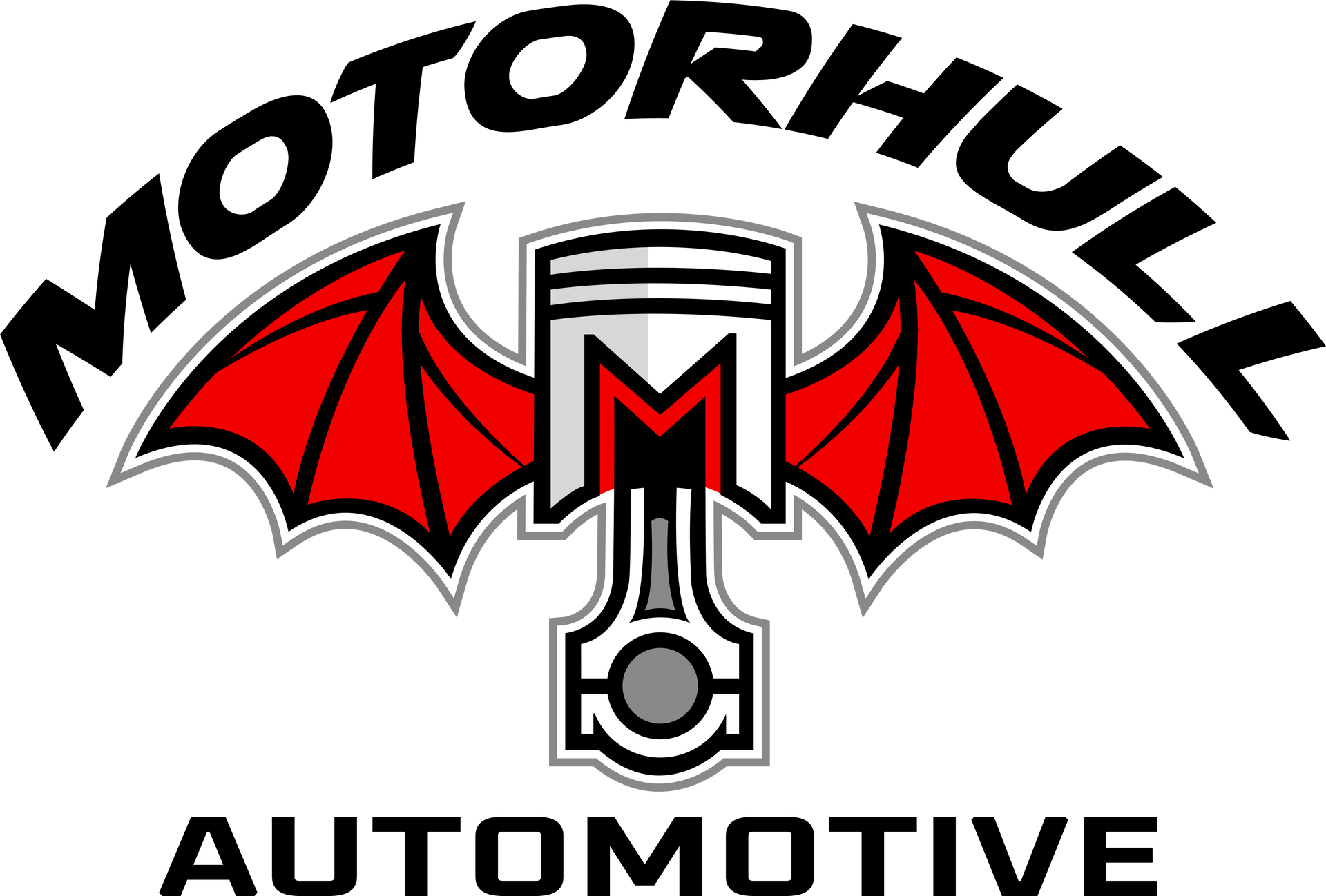 MotorHul Automotive logo with red bat wings and a large black-and-white “M” emblem
