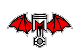 Red bat-winged emblem with a black and white stylized monogram
