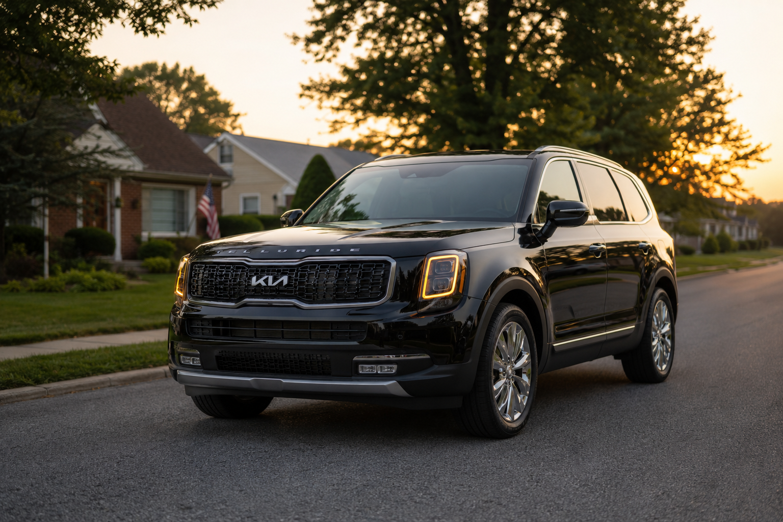 Black Kia SUV parked on a suburban street at sunset, with houses and trees in the background