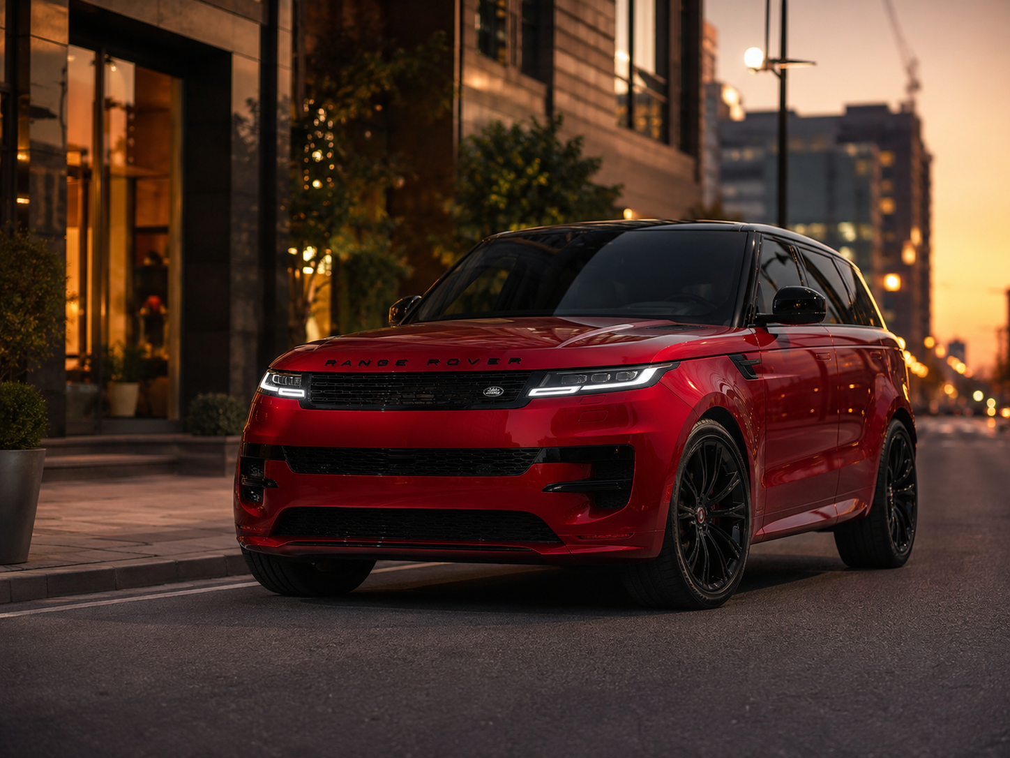 Red SUV parked on a city street at dusk, with warm-lit buildings in the background
