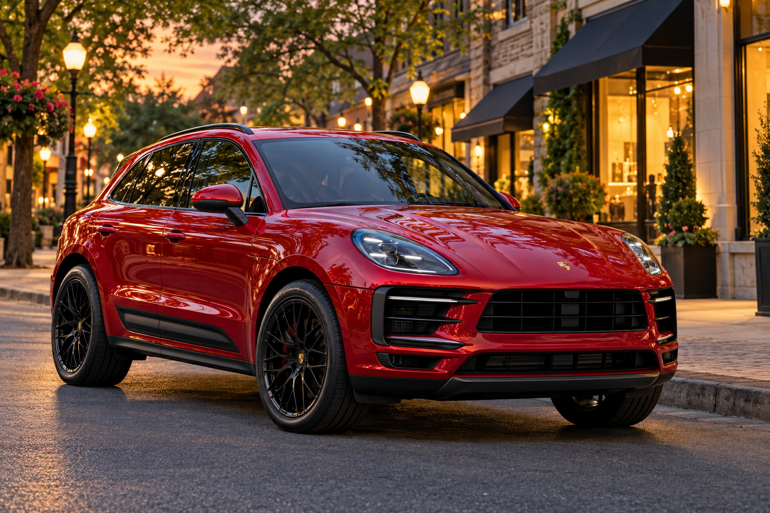 Red SUV parked on a city street at dusk with warm shop lights and trees in the background