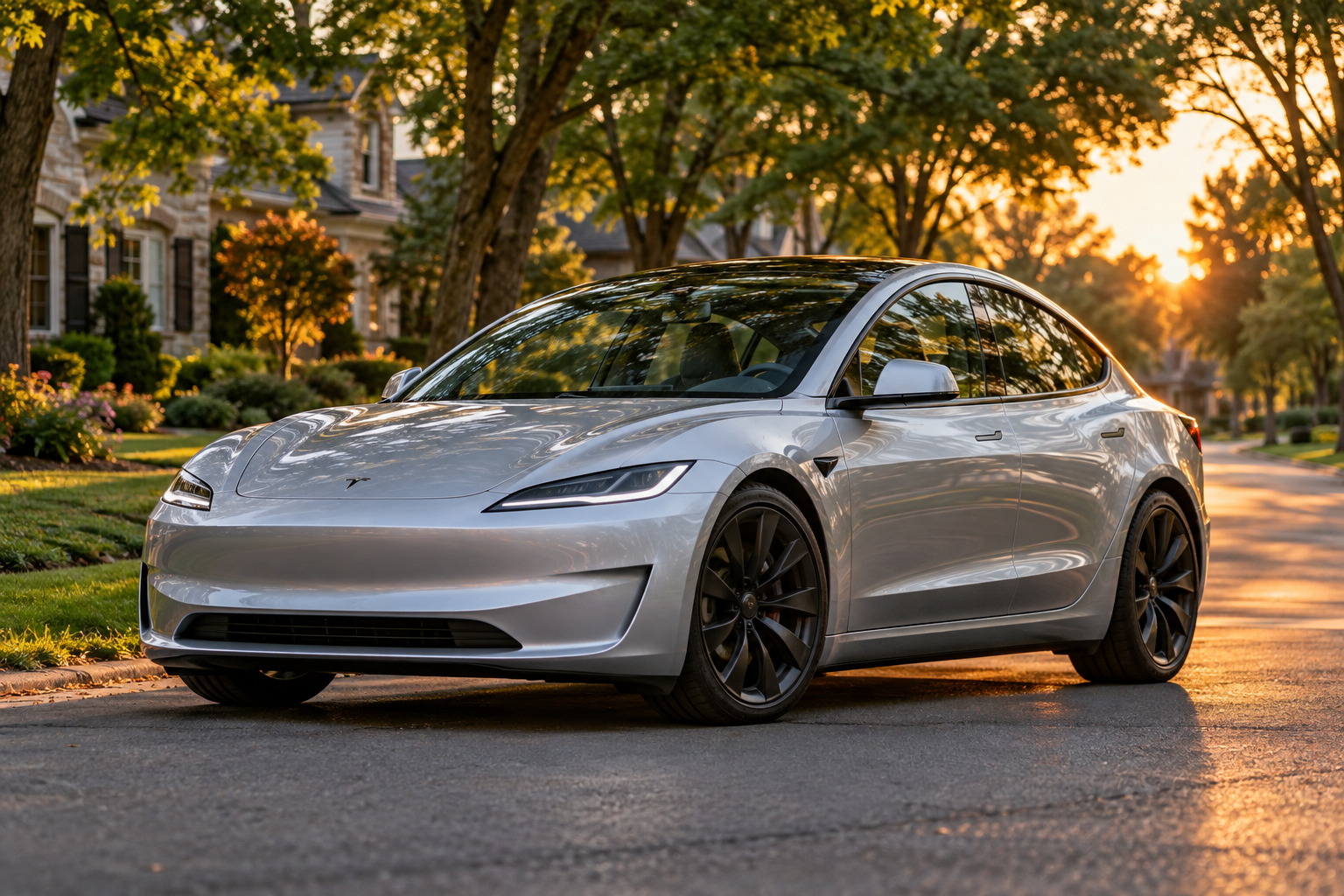 Silver Tesla parked on a sunlit suburban street at sunset