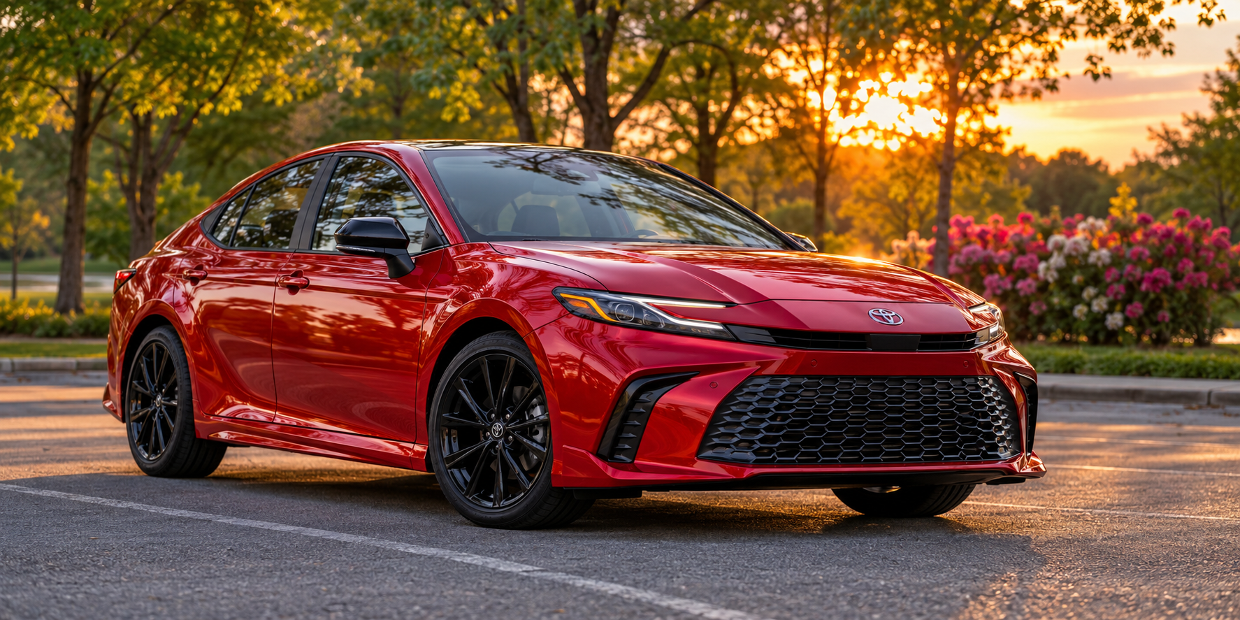 Red sports sedan parked on a road at sunset with palm trees and flowers in the background