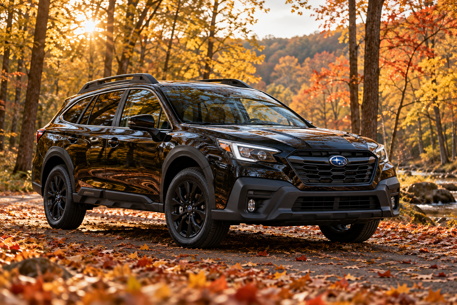 Black SUV parked on a leaf-covered road in autumn forest with orange trees
