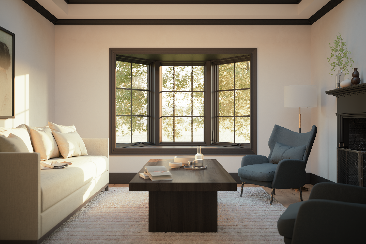 A living room with a couch , chair , coffee table and fireplace.