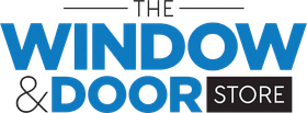 The logo for the window and door store is blue and black.