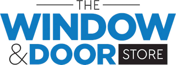 The logo for the window and door store is blue and black.