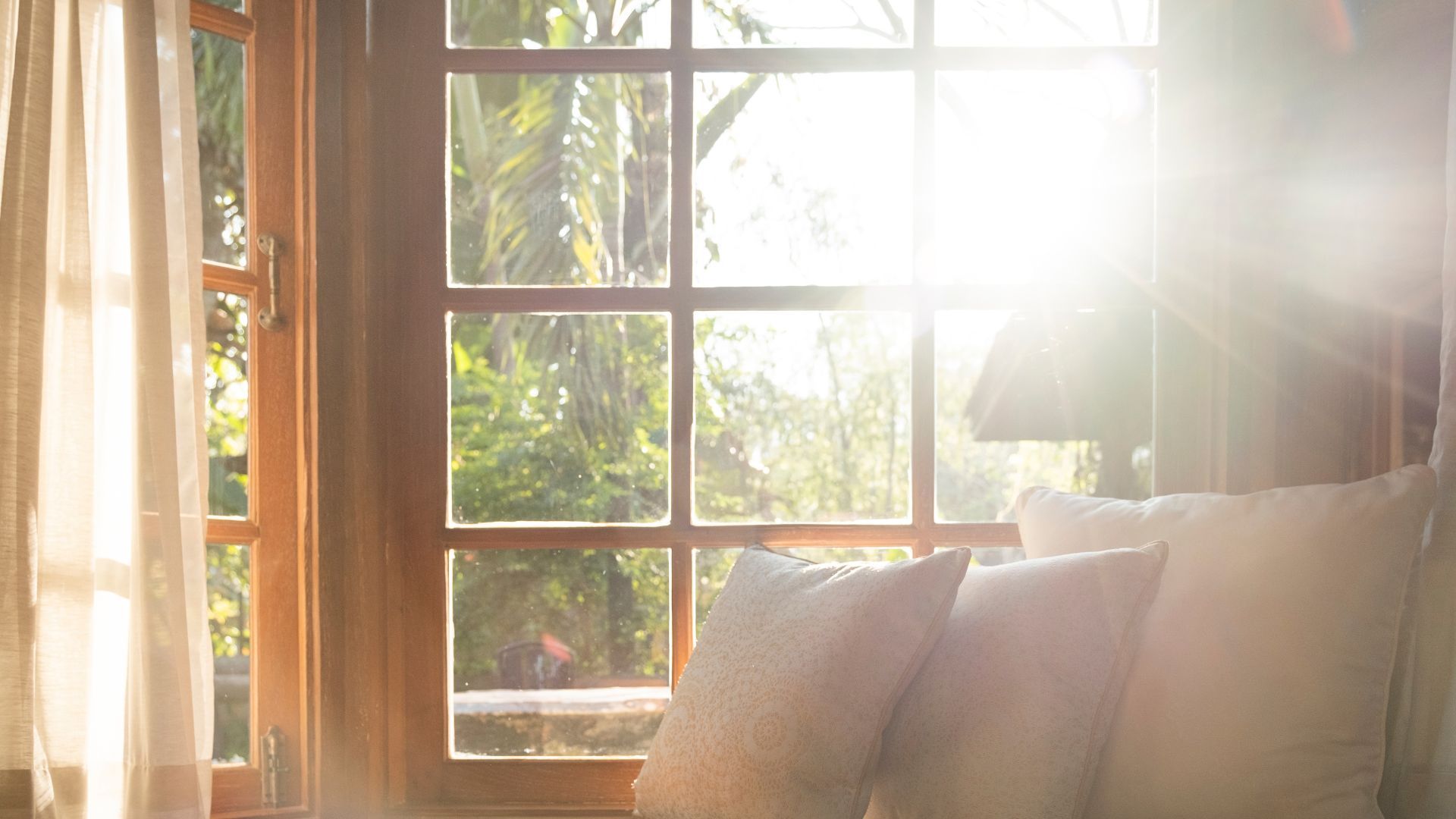 The sun is shining through the window of a bedroom.