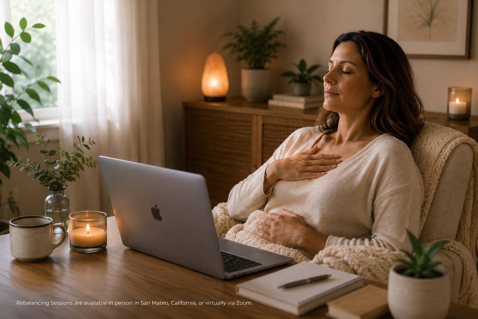 Woman relaxing during a Rebalancing Session for stress relief and relaxation