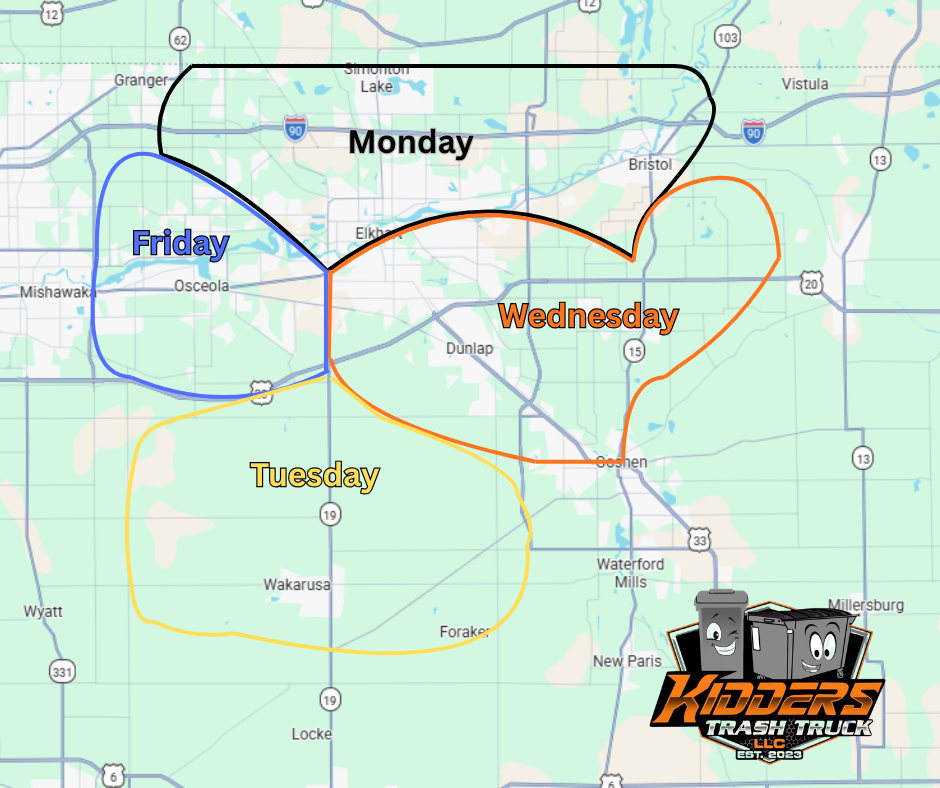 Map with colored outlines labeled Friday, Monday, Wednesday, and Tuesday over a road map.