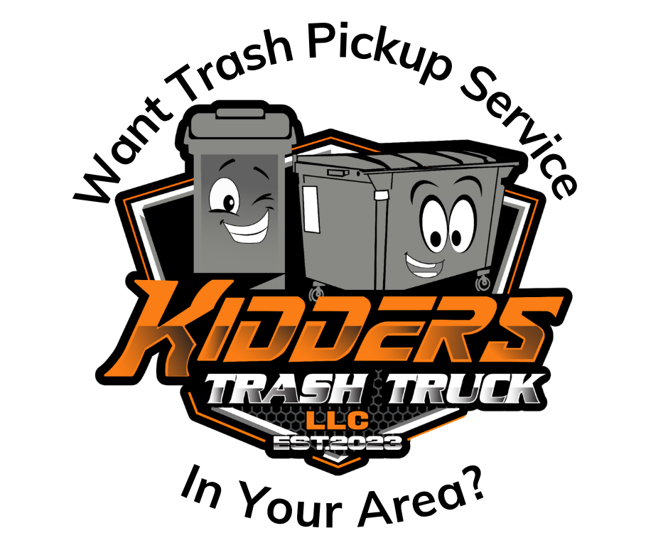 Kidder’s Trash Truck logo with smiling gray trash bins and “Want Trash Pickup Service In Your Area?” text