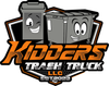 Logo for Kidder's Trash Truck LLC with two smiling gray trash bins and orange-black lettering