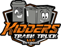 Logo for Kidder's Trash Truck LLC with two smiling gray trash bins and orange-black lettering