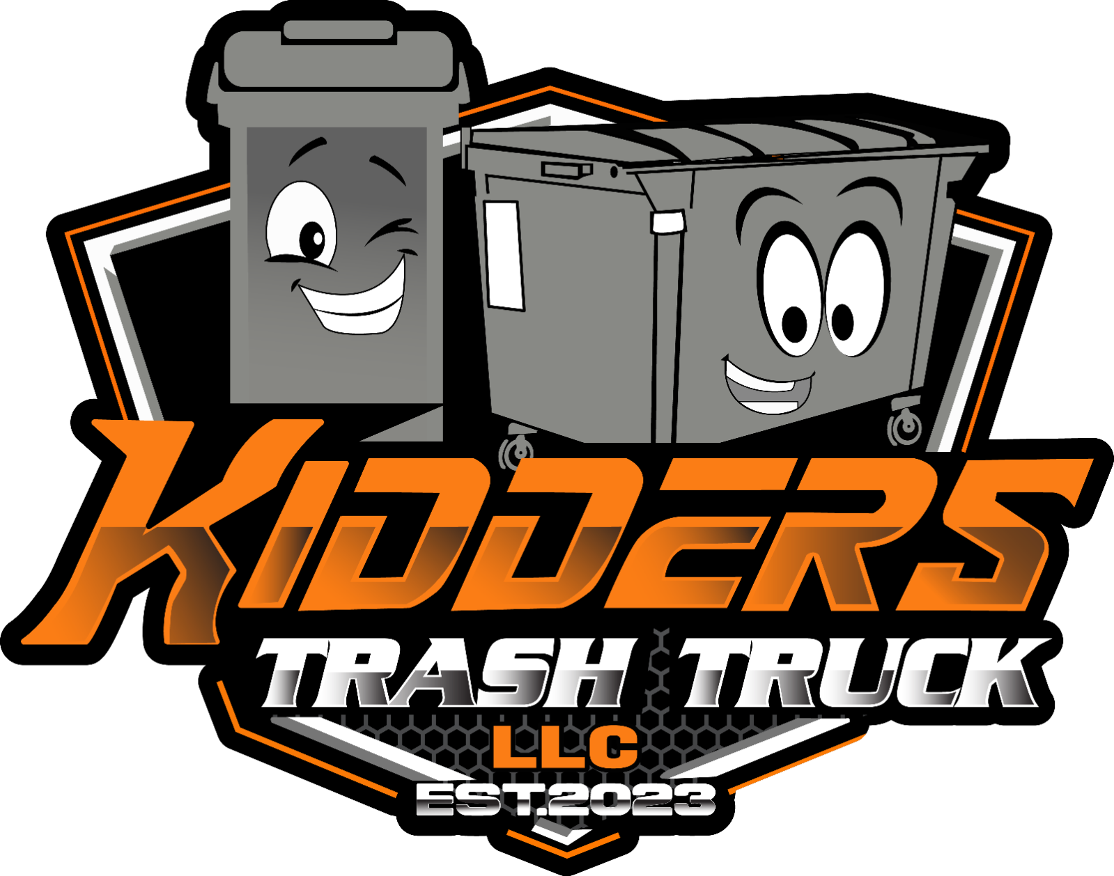 Kidder's Trash Truck LLC logo with smiling gray trash cans over bold orange and white text