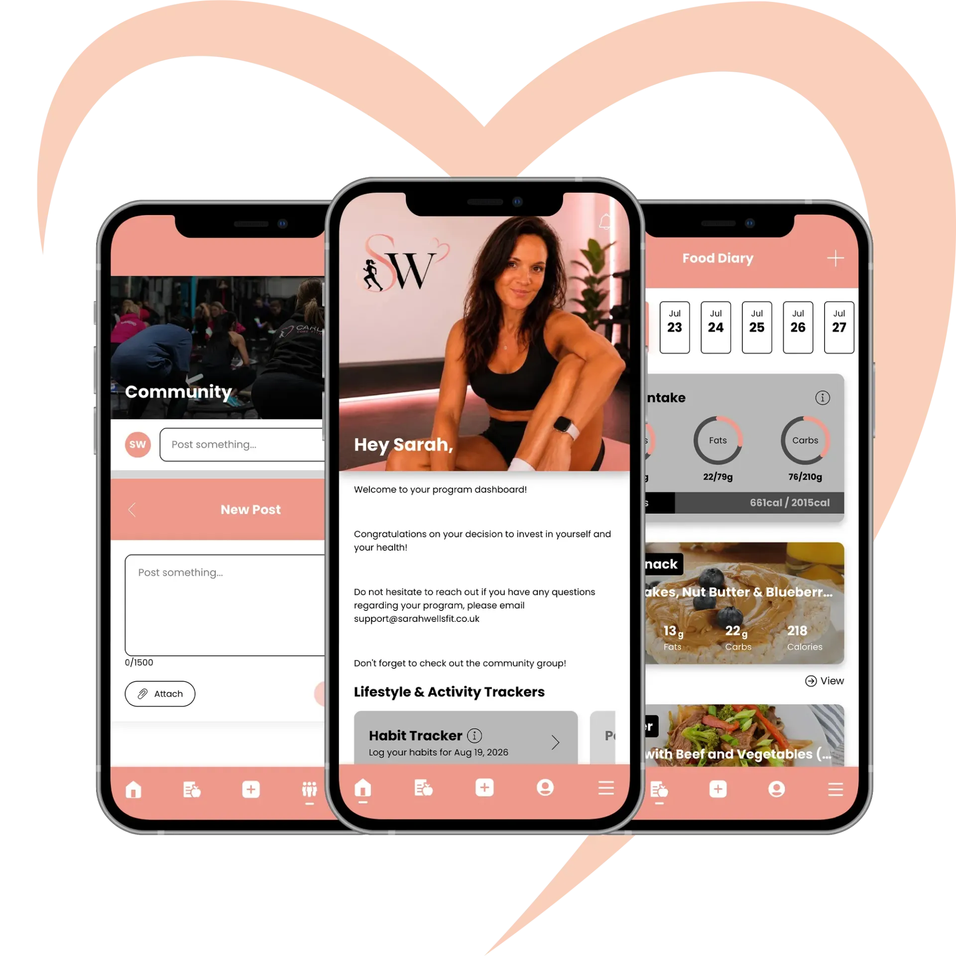 Three smartphones side-by-side display a fitness mobile app interface with pink accents and social, dashboard, and log screens.