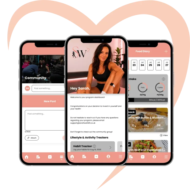 Three smartphones side-by-side display a fitness mobile app interface with pink accents and social, dashboard, and log screens.