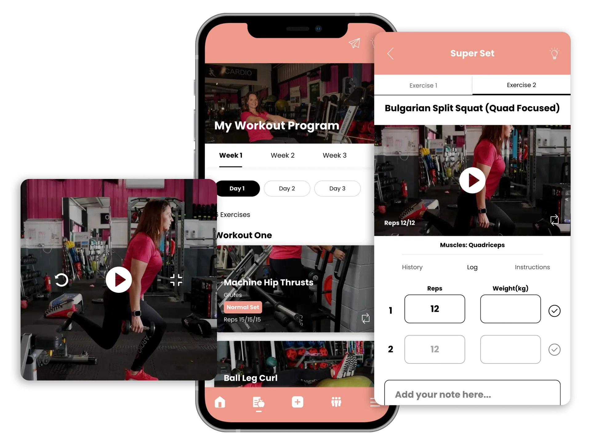 Three screens of a mobile fitness app interface displaying a workout program and exercise demonstration videos.