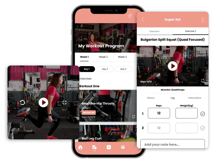 Three screens of a mobile fitness app interface displaying a workout program and exercise demonstration videos.