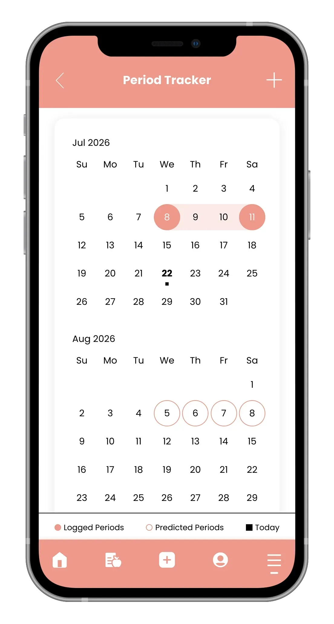 A smartphone screen displaying a Period Tracker app calendar interface with highlighted dates in pink.