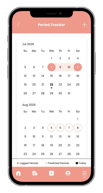 A smartphone screen displaying a Period Tracker app calendar interface with highlighted dates in pink.