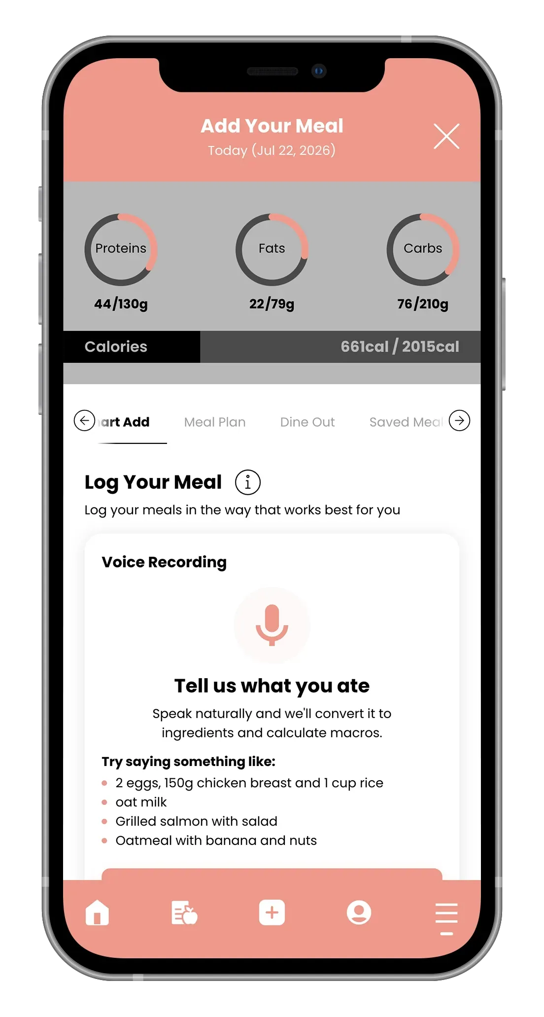 A smartphone screen showing a "Log Your Meal" app interface with a text field listing food items for a dietary log.