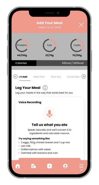A smartphone screen showing a "Log Your Meal" app interface with a text field listing food items for a dietary log.