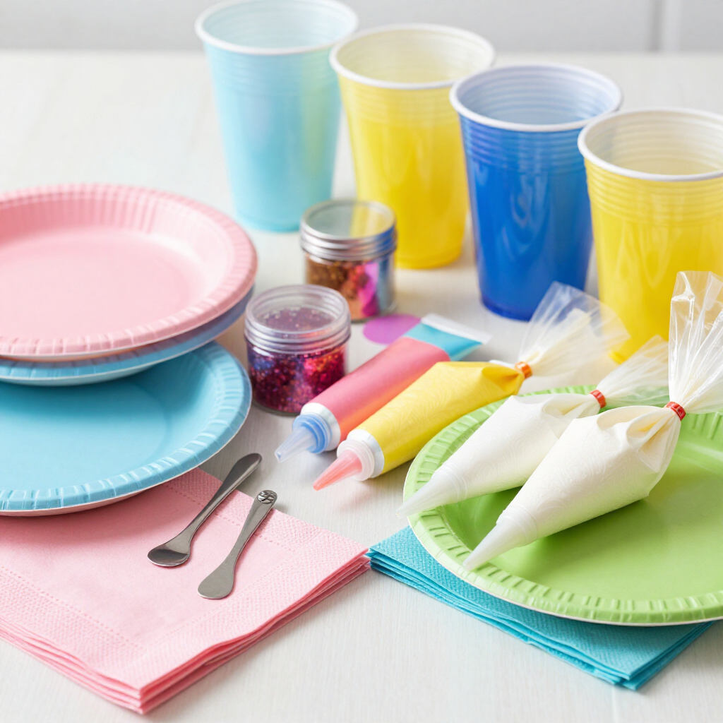 Vajilla desechable de colores para fiestas: vasos, platos, servilletas, cubiertos y conos de papel