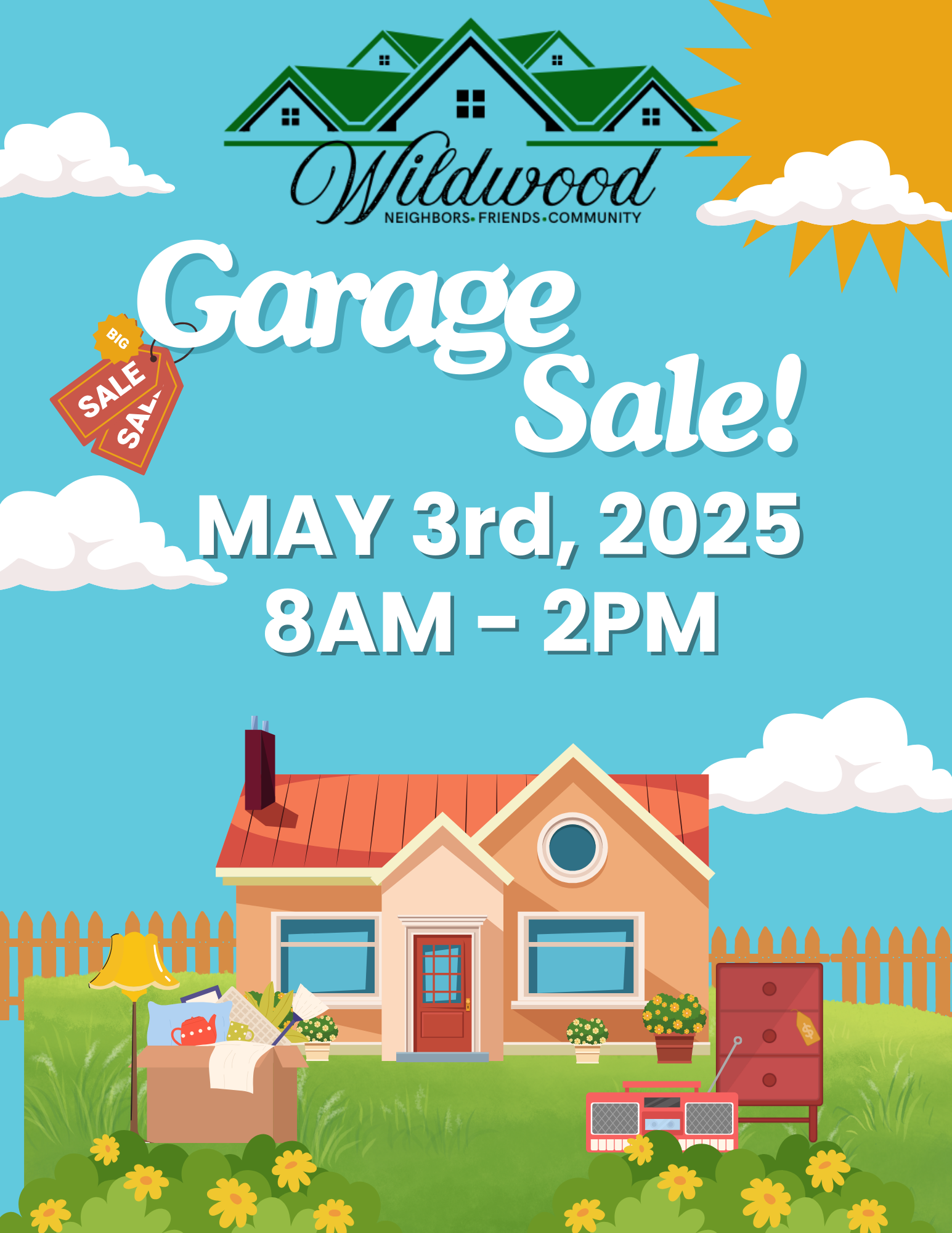 A poster for a garage sale on may 3rd , 2025.