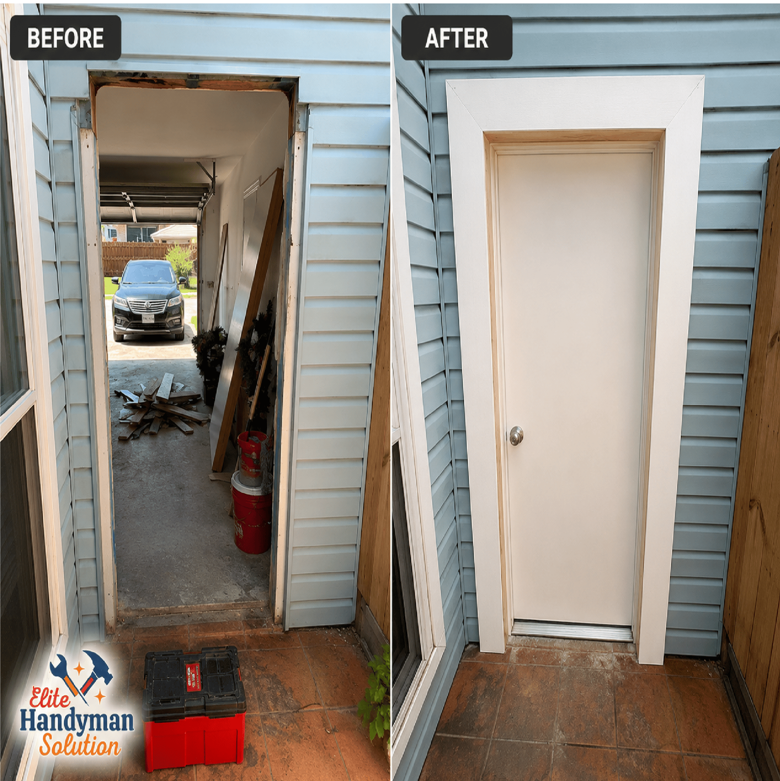 Before-and-after of a doorway renovation: open garage entry changed to a white exterior door and trim.