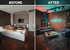Before-and-after of a living room makeover: white sectional becomes a moody lounge with neon sign and dark decor