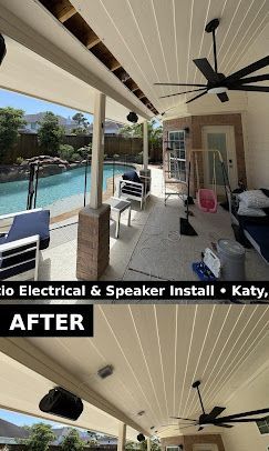 Covered patio by a pool with mounted speakers and a ceiling fan, shown before and after installation.