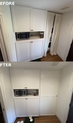Before-and-after view of a white built-in cabinet area with microwave removed and doors closed.