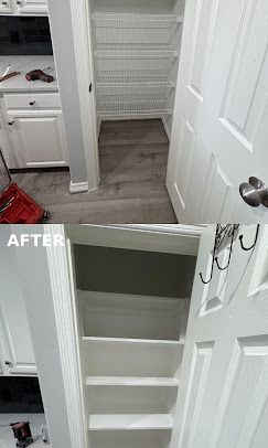 Hallway closet converted into a stairwell access opening with white trim and gray flooring, labeled “AFTER”