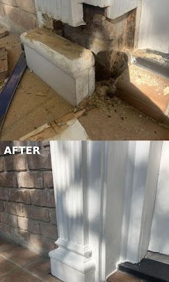 Before-and-after of damaged exterior wall corner repaired with white siding and trim.