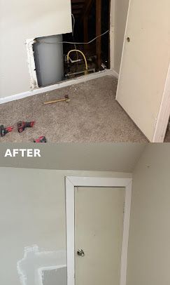 Before-and-after of a room wall repair with drywall cutout and a white door.