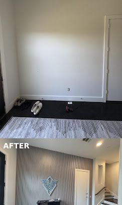 Before-and-after of a small room: empty white wall, then striped wallpaper, decor, and stairs visible.