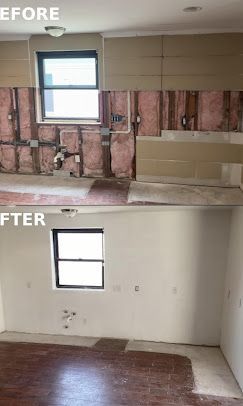 Before-and-after of a room renovation: exposed wall studs replaced with painted drywall and wood flooring.