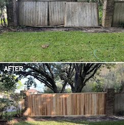 Before-and-after of a backyard fence repair, with an old wooden fence replaced by a new one under a large tree.
