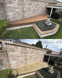 Before-and-after view of a brick patio replaced with a light wood deck and raised gravel planter by a wall