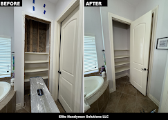 Before-and-after bathroom closet remodel with open shelves and white door; a walker is in the foreground.