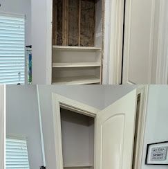 Two views of an open white closet with shelves and hanging space, showing an empty storage nook.