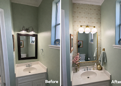 Before-and-after bathroom vanity makeover with green walls, mirror, and updated light fixtures