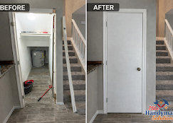 Before-and-after hallway closet conversion with an open utility closet replaced by a white door.