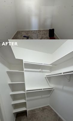 Before-and-after closet renovation: empty white shelves and hanging rod installed in a small walk-in closet.