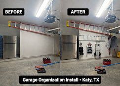 Before-and-after garage organization in Katy, TX: ladder, shelves, and tools added to a tidy concrete garage.