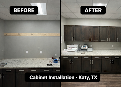 Before-and-after kitchen cabinet installation in Katy, TX, showing a gray wall replaced with dark cabinets.